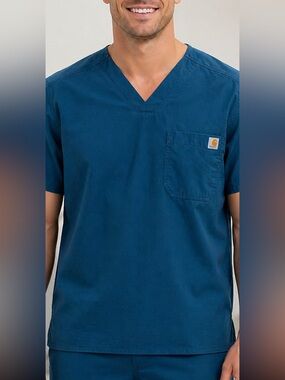 Carhartt Scrub Top Men M Teal Blue V-Neck Chest Pocket Medical Workwear